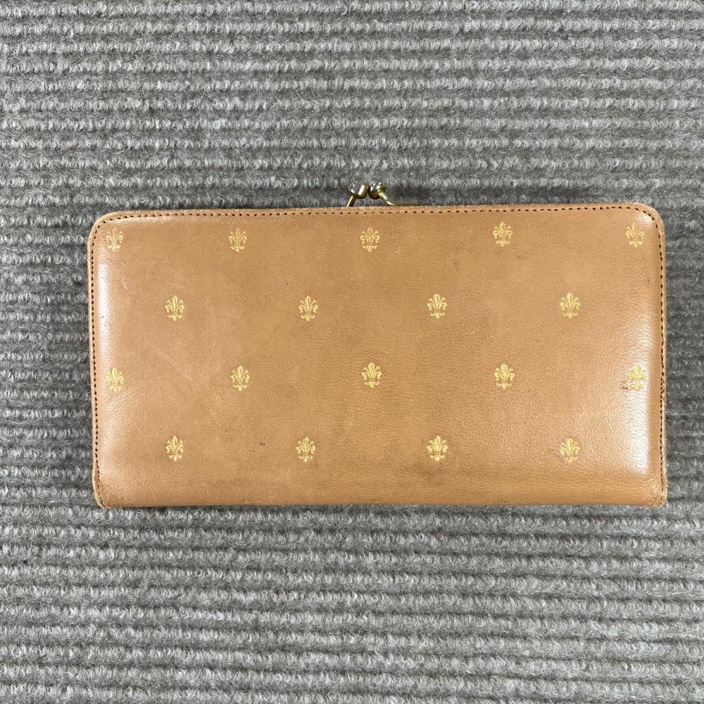 Vintage‎ Tan Leather Fleur-de-Lis Kiss Lock Frame Clutch Wallet Gold Lily Tan - Picture 3 of 9